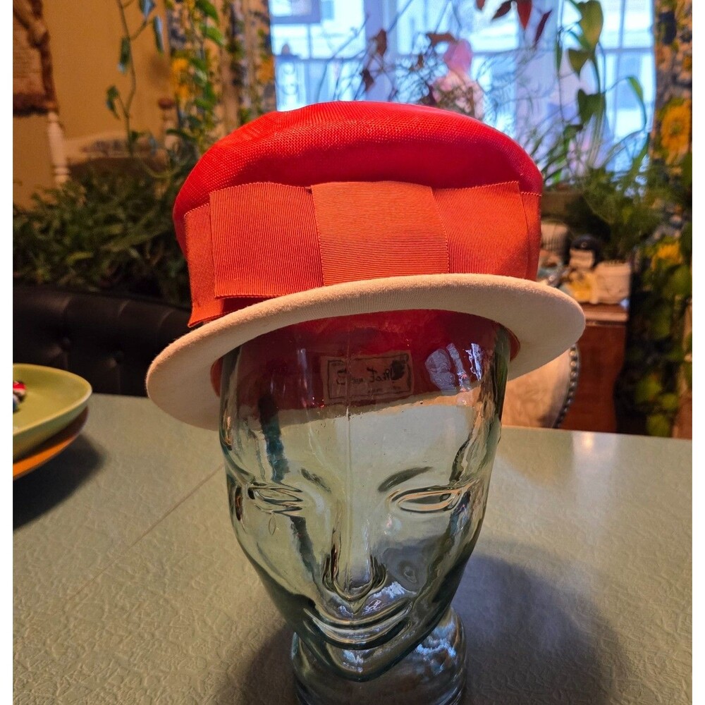 Vintage 1950s Pillbox Hat Ellen Faith Paris-New York Red Avant Garde Straw Small